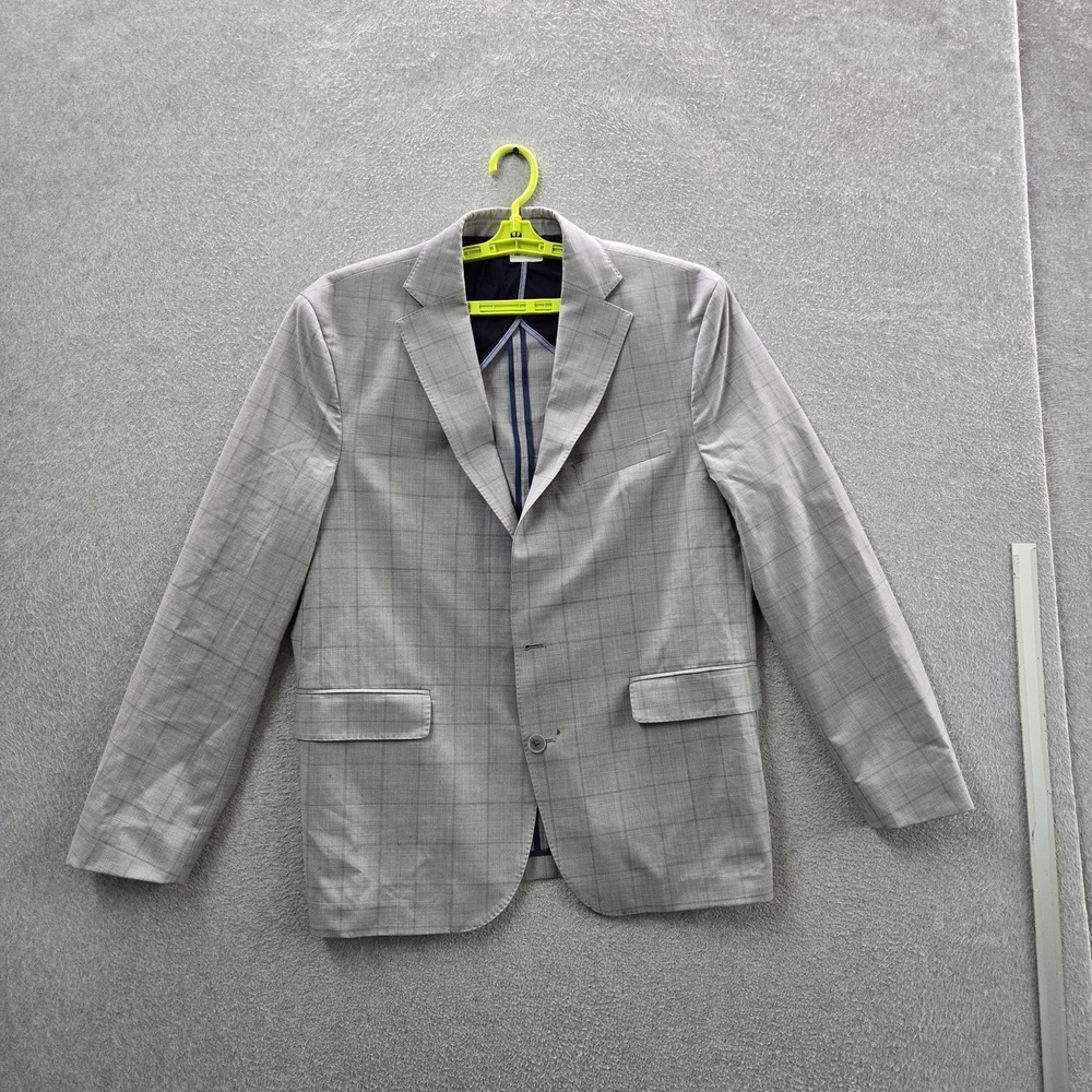 Cole Haan Men Blazer 44R W38 Gray Polyester Wool Plaid Suit Jacket Button Long